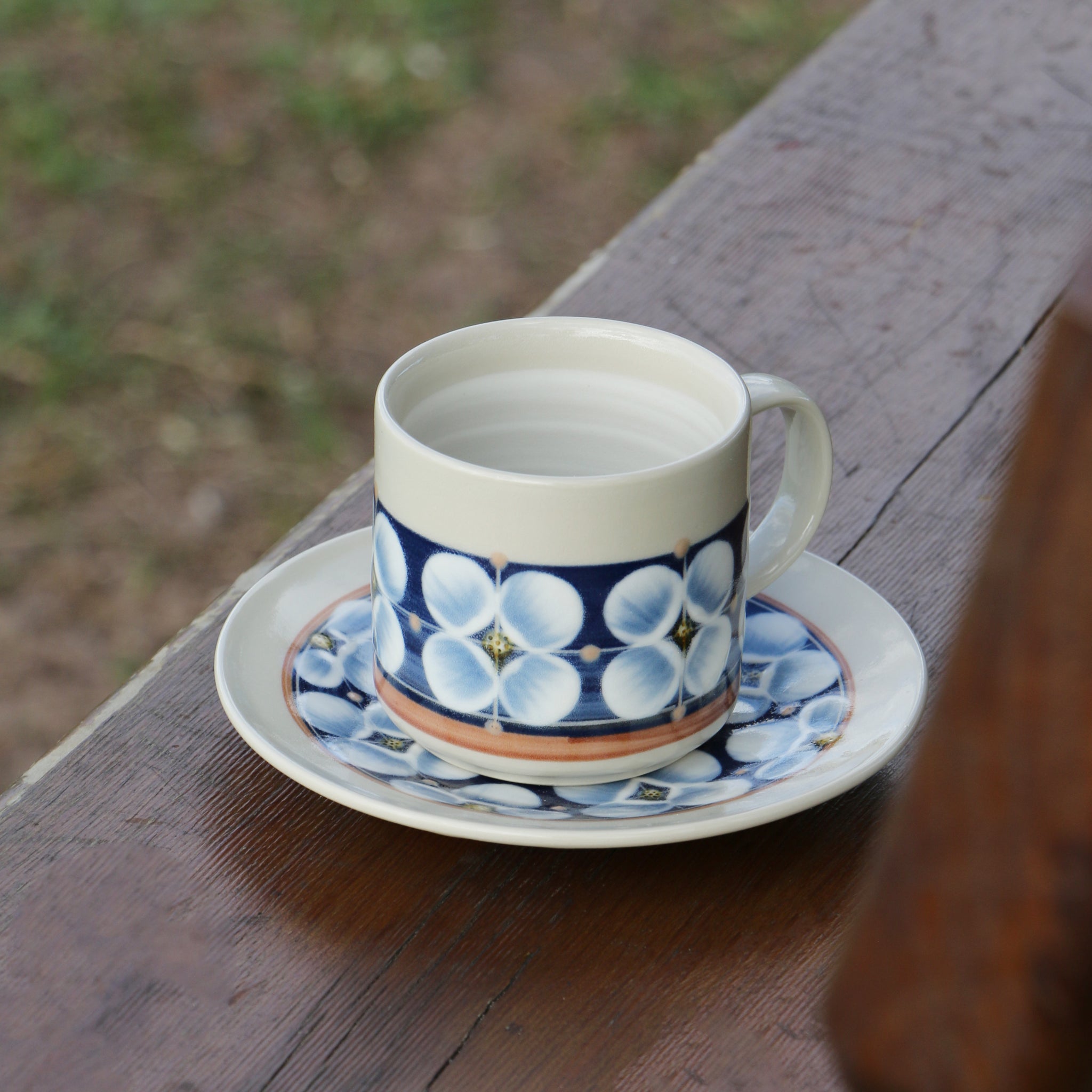 Fukube Pottery - Navy Blue Mizuki Flower Cup & Saucer